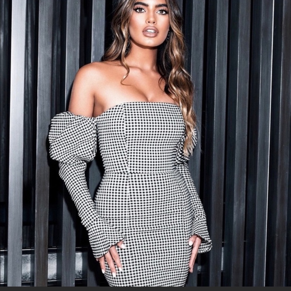 Off-Shoulder Black & White Gingham Bodycon Dress